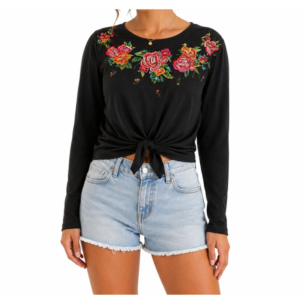 Carole Little Top Womens Size S Black Floral Embroidered Pullover Long Sleeve
